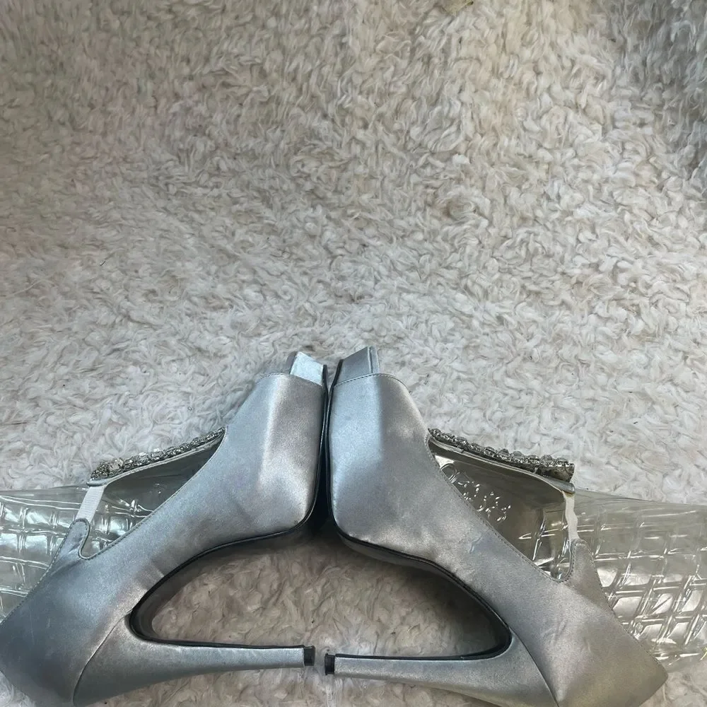 Lauren Jones gray SatinTStrap peep toe platform heels crystal beads accent SZ8.5
